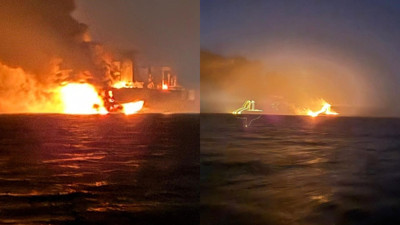 Kocaeli açıklarında dehşet: Alev topuna dönen gemi görüntülendi!
