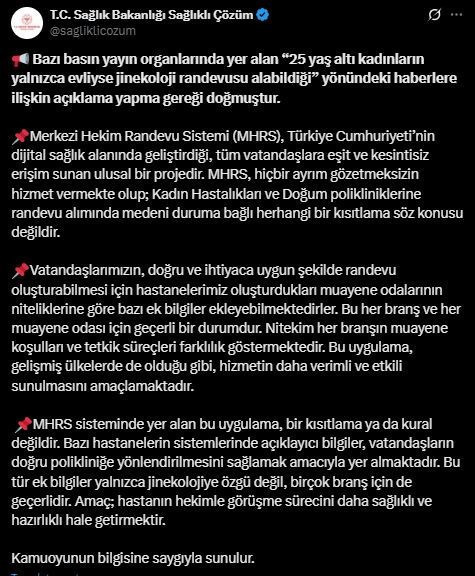 Sağlık Bakanlığı’ndan jinekoloji polikliniklerinde medeni durum ayrımı iddiasına yalanlama