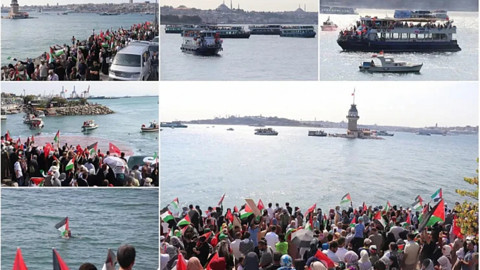 İstanbul Boğazı’ndan Gazze’ye dayanışma! Kız Kulesi’ne Türk ve Filistin bayrağı asıldı, denizde dev karpuz flaması açıldı