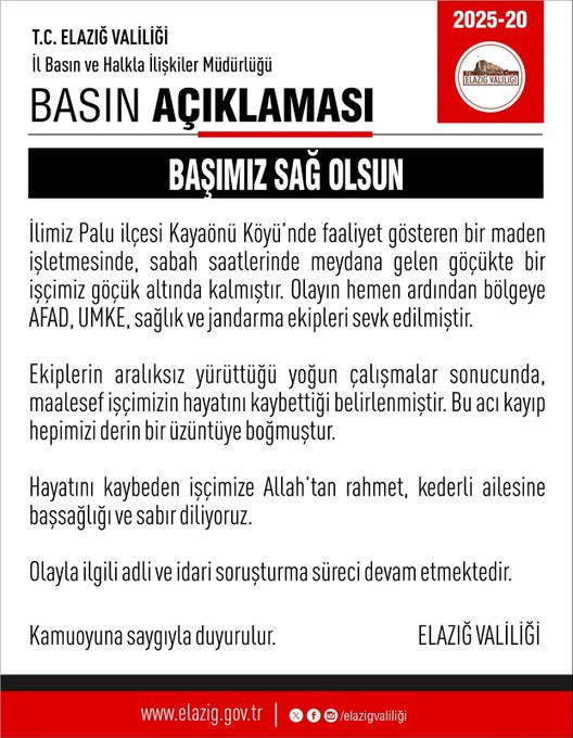 Elazığ'daki maden kazasında göçük altında kalan Hasan Coşkun isimli işçi hayatını kaybetti! Acı haberi valilik duyurdu