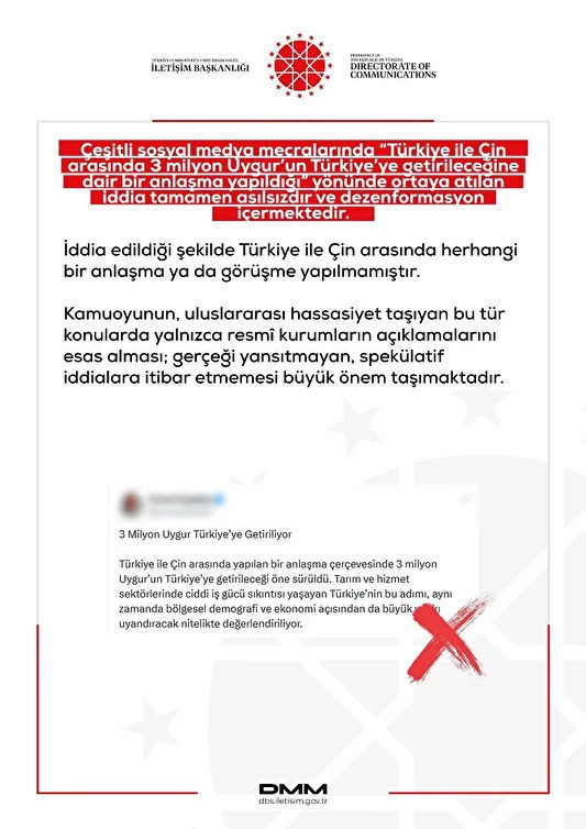 DMM'den 'Üç milyon Uygur Türkiye'ye getiriliyor' haberlerine yalanlama