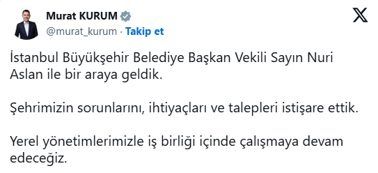 Çevre, Şehircilik ve İklim Değişikliği Bakanı Murat Kurum, İBB Başkanvekili Nuri Aslan'ı kabul etti