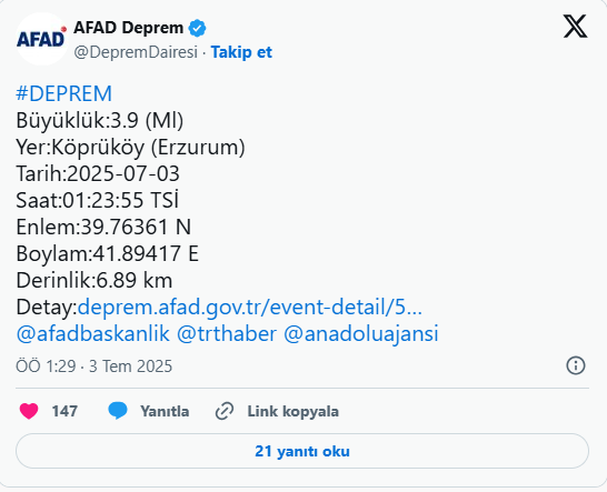 Erzurum'da gece yarısı korkutan deprem!