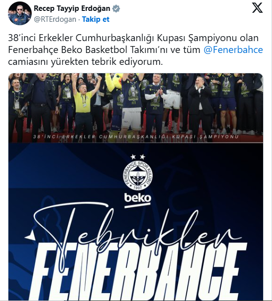 Cumhurbaşkanı Recep Tayyip Erdoğan'dan Fenerbahçe Beko'ya tebrik