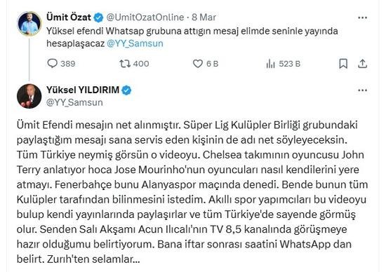 Samsunspor Başkanı Yüksel Yıldırım'dan kulüp başkanlarına Jose Mourinho mesajı: "Bakın kendilerini böyle atıyorlar"