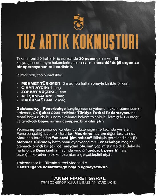 Trabzonspor TFF'ye isyan bayrağını açtı: "Fenerbahçeli ve Mourinho hayranı hakemi atamak meydan okumadır!"