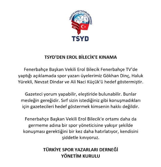 TSYD'den Fenerbahçe Başkanvekili Erol Bilecik'e kınama