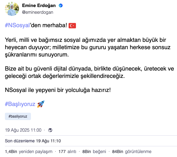 Emine Erdoğan, NSosyal’den ilk paylaşımını yaptı: Yerli, milli ve bağımsız sosyal ağımızda yer almaktan büyük heyecan duyuyorum