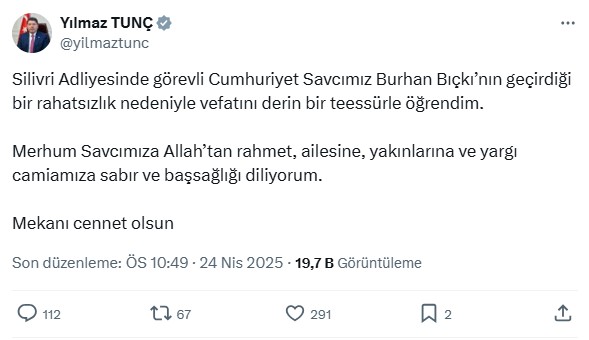 Silivri Adliyesi'nde görevli Cumhuriyet Savcısı Burhan Bıçkı hayatını kaybetti