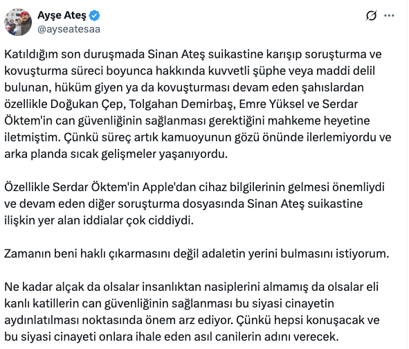 Serdar Öktem saldırısının ardından Sinan Ateş'in eşi Ayşe Ateş'ten dikkat çeken paylaşım: Son duruşmada söylemiştim! - Resim : 3