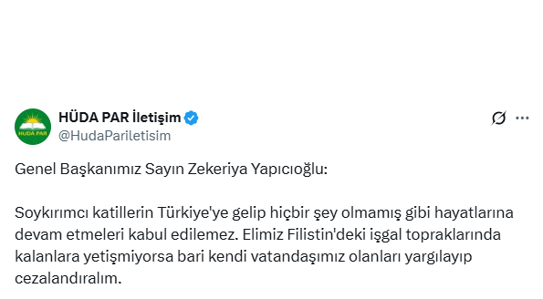 HÜDA PAR Genel Başkanı Zekeriya Yapıcıoğlu’ndan sert sözler: Türk kimlikli Yahudilere hadlerini bildirelim diyerek çağrıda bulundu