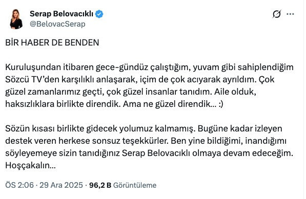 Sözcü’de bir deprem daha! Yılmaz Özdil tasfiyesi devam ediyor: Serap Belovacıklı Sözcü TV’den ayrıldı!