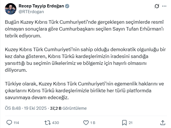 Cumhurbaşkanı Recep Tayyip Erdoğan'dan Tufan Erhürman'a seçim tebriği