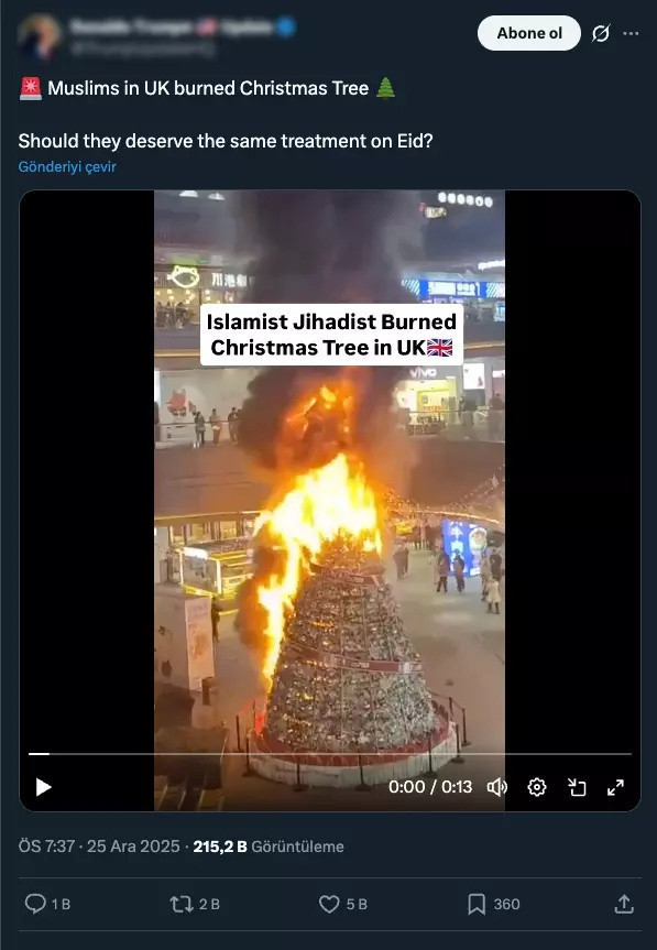 “Müslümanlar Noel ağacını yaktı” yalanı çöktü: Görüntüler İngiltere değil Çin’den çıktı