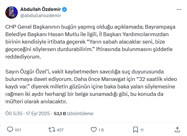 AK Parti İstanbul İl Başkanı Abdullah Özdemir'den Özgür Özel'in iddialarına sert tepki