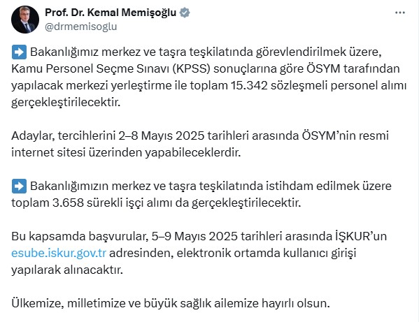 Sağlık Bakanı Kemal Memişoğlu'ndan atama müjdesi