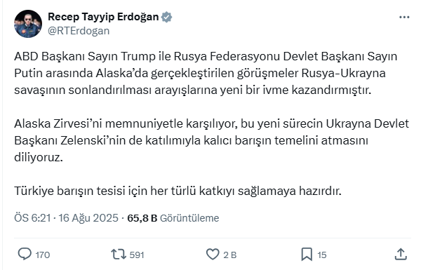 Cumhurbaşkanı Recep Tayyip Erdoğan'dan 'Alaska Zirvesi' için kritik mesaj!