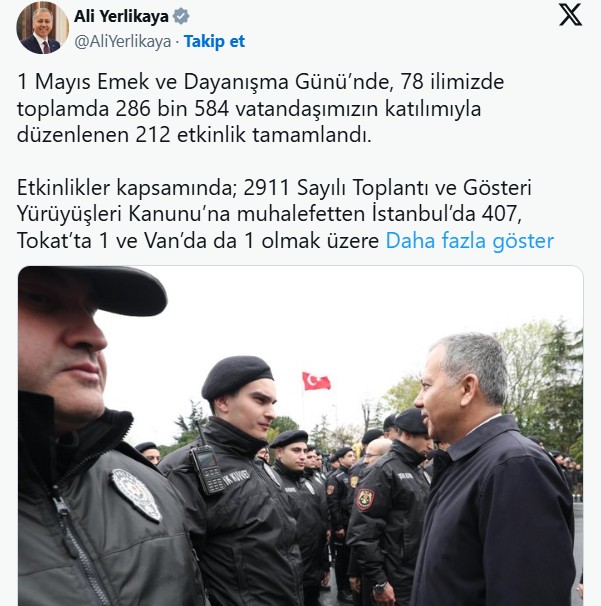 İçişleri Bakanı Ali Yerlikaya açıkladı: 1 Mayıs bilançosu belli oldu