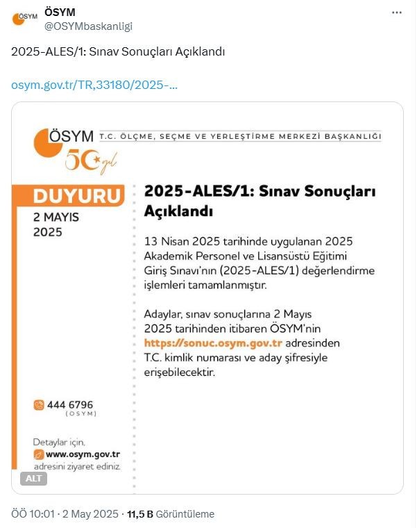 ALES/1 sonuçları açıklandı (2025 ÖSYM ALES/1 sonuç sorgulama sayfası) - Resim : 2