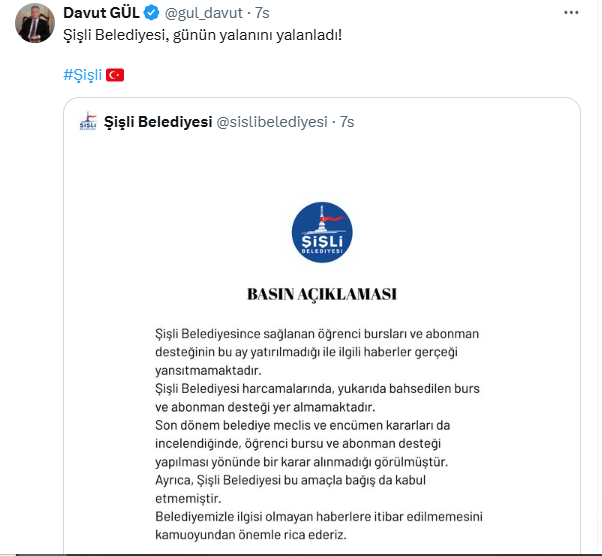 İstanbul Valisi Davut Gül duyurdu: Şişli Belediyesi, günün yalanını yalanladı