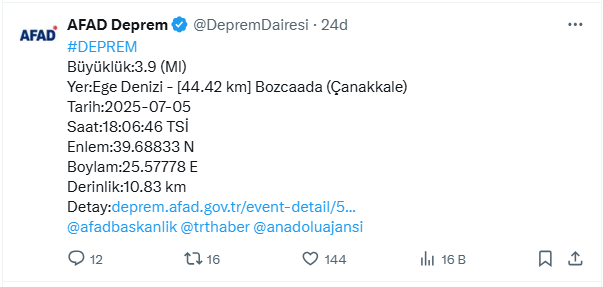 Çanakkale açıklarında akşam vakti korkutan deprem