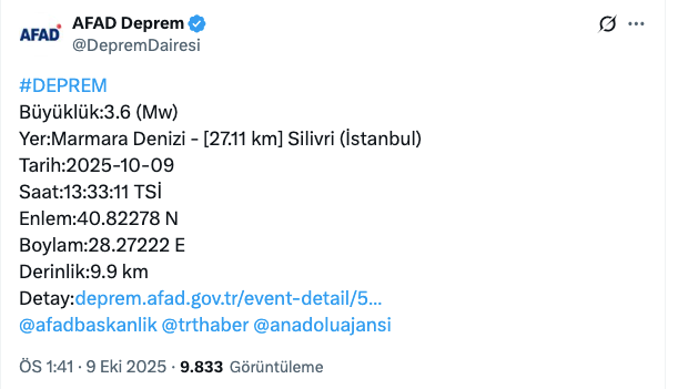 İstanbul'da son dakika deprem! AFAD duyurdu: Silivri açıklarında korkutan deprem