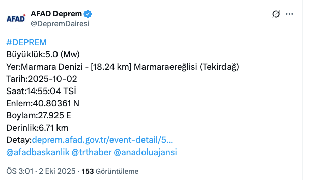 İstanbul'da hissedilen bir deprem meydana geldi! AFAD'dan açıklama geldi: Tekirdağ Marmaraereğlisi'nde 5.0 büyüklüğünde deprem