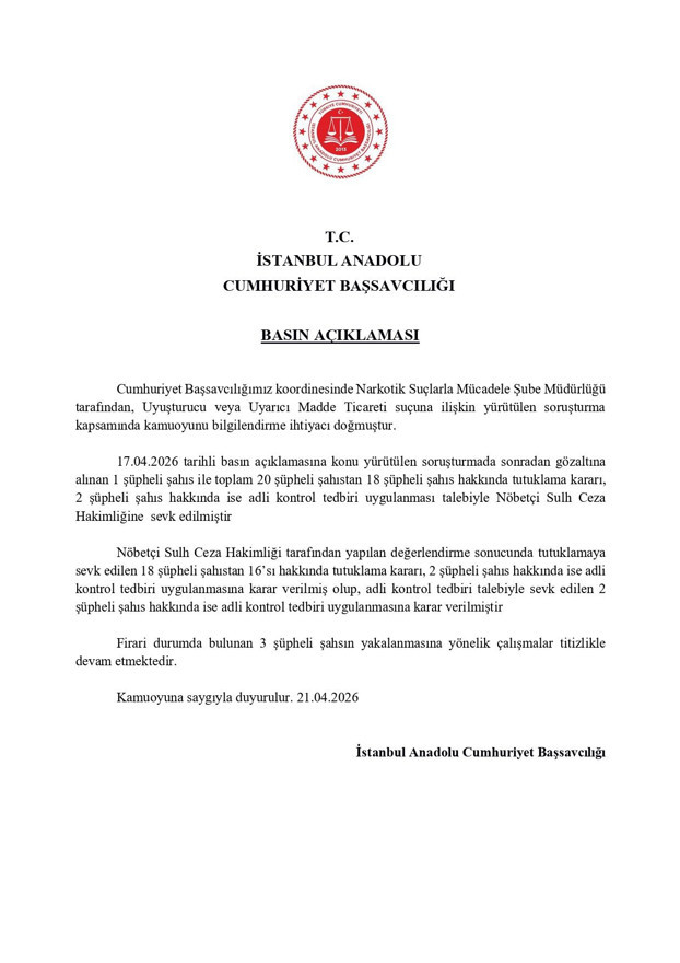 İstanbul Anadolu Cumhuriyet Başsavcılığı açıkladı: Uyuşturucu ticareti yapan 20 şüpheliden 18'i tutuklandı - Resim : 2