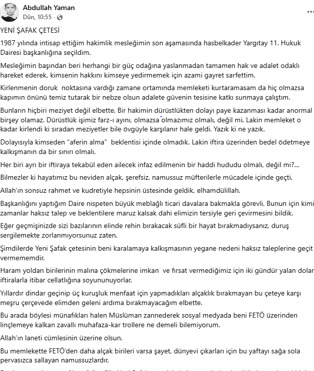 Yargıtay'a uzanan büyük kavga! Yeni Şafak Yargıtay Daire Başkanını hedef aldı!
Yargıtay 11. Hukuk Dairesi Başkanı Abdullah Yaman: Yeni Şafak Çetesi - Resim : 3