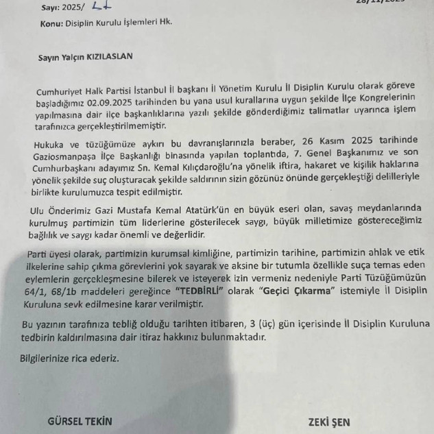 Gürsel Tekin’den CHP’de flaş hamle: Gaziosmanpaşa İlçe Başkanı disipline sevk edildi
