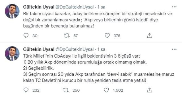 Gültekin Uysal 'Eski AK Partililer cumhurbaşkanlığı adaylığı için heveslenmesin' dedi, ittifakta yüzler asıldı!