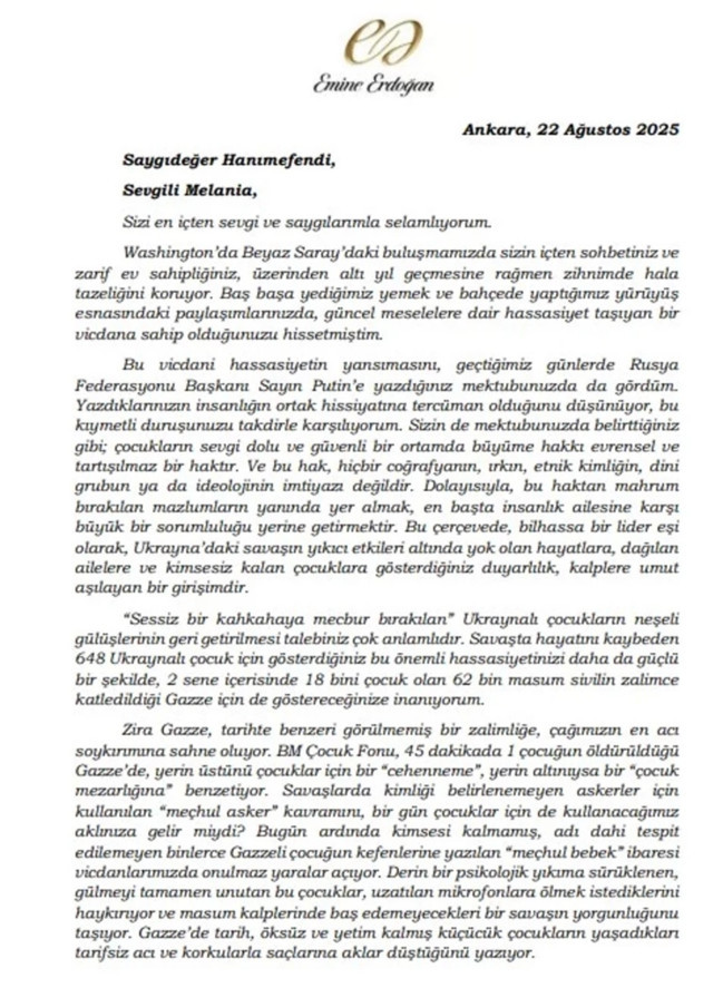 Keşke Gazze için de bir şey yapsan… Emine Erdoğan'dan Melania Trump'a Gazze mektubu - Resim : 3