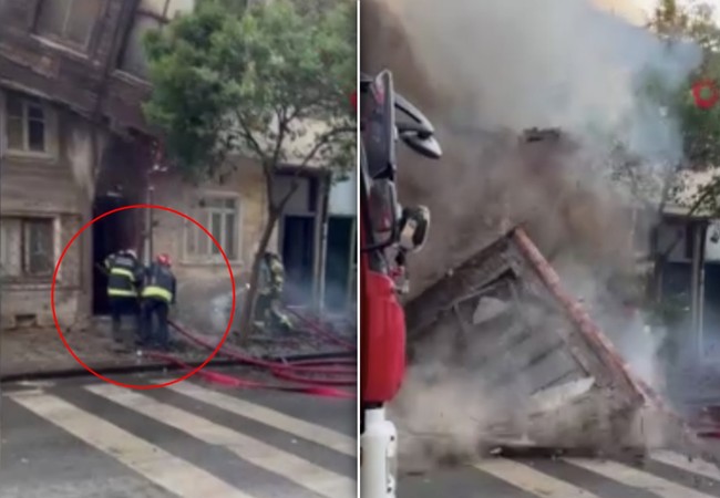 Kocaeli'de ölümden kıl payı kurtuluş: Yanan ahşap evin duvarı 2 itfaiye erinin üzerine düştü!