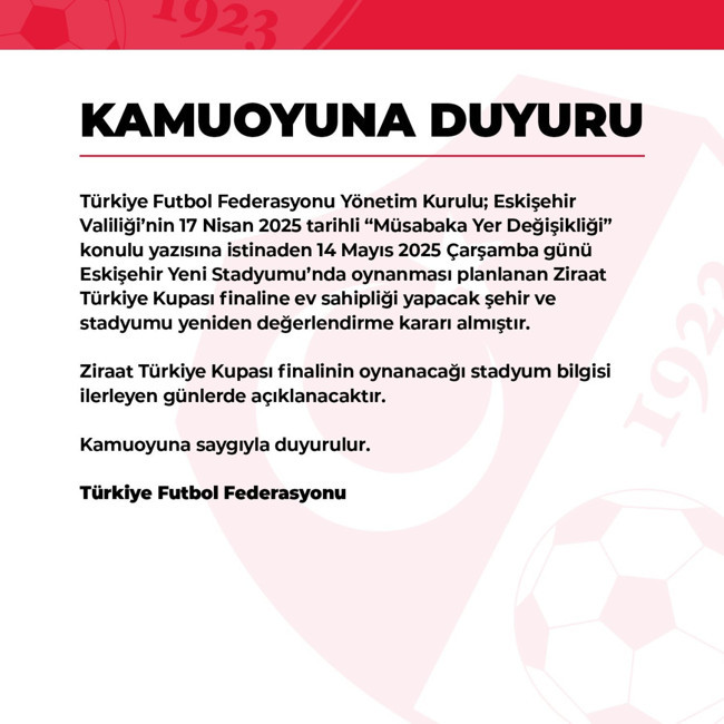 Ziraat Türkiye Kupası finalinin yeri değişiyor