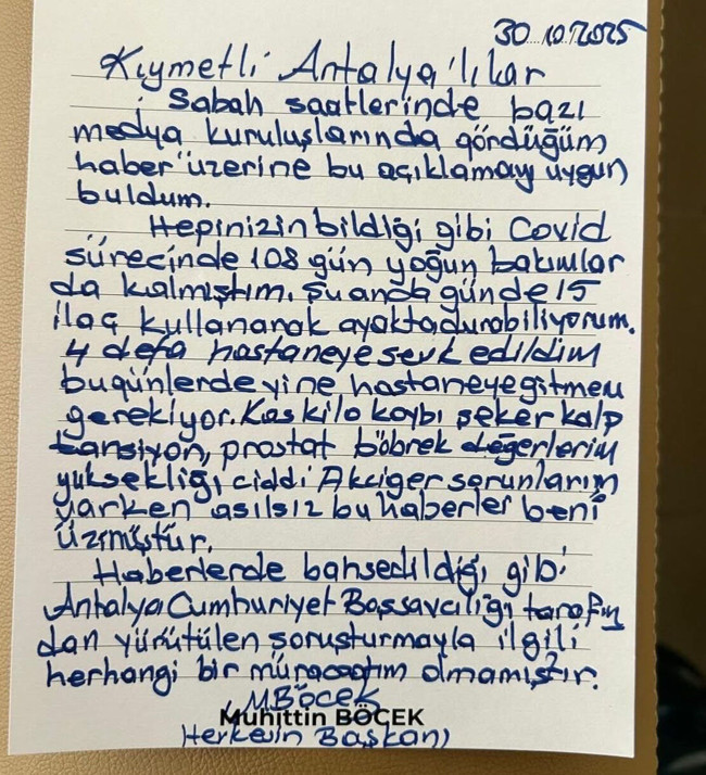 Rüşvetten tutuklanan CHP’li Muhittin Böcek itirafçı mı oldu? Cezaevinden el yazılı mektup: 15 ilaçla ayakta duruyorum!