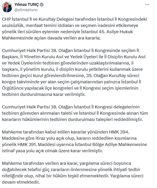Adalet Bakanı Yılmaz Tunç’tan CHP İstanbul kararı açıklaması! "Verilen ara karar nihai hüküm teşkil etmez"
