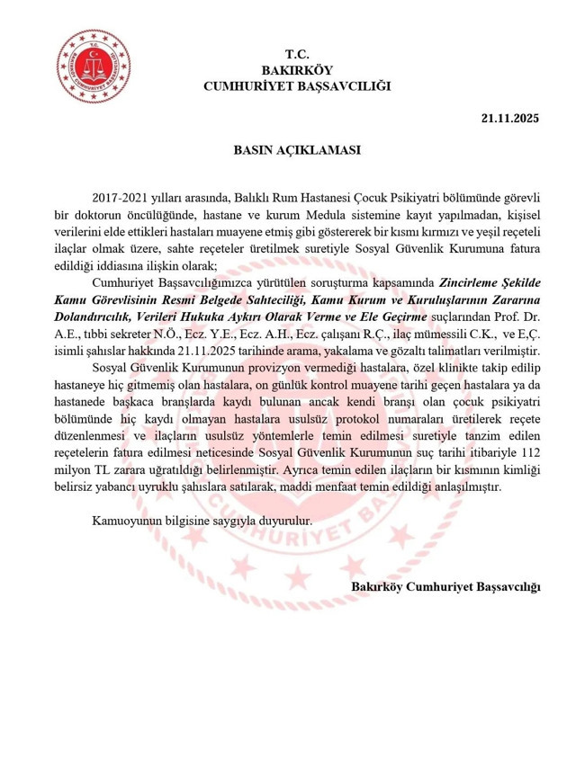 Doktor öncülüğünde dev yolsuzluk: Balıklı Rum Hastanesi’ni sarsan reçete vurgunu! Profesör, eczacılar ve mümessiller gözaltında!