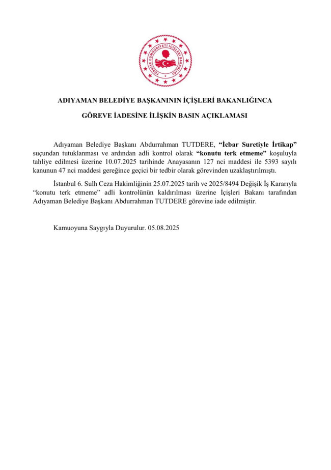 Adıyaman Belediye Başkanı Abdurrahman Tutdere göreve iade edildi