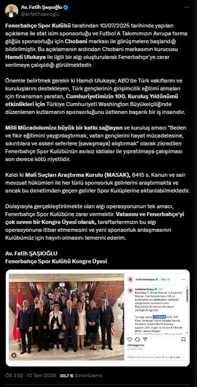 Fenerbahçe’nin Chobani ile stat isim sponsorluğu için görüşmesine taraftarlardan tepki yağıyor