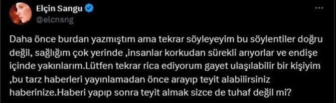 Elçin Sangu'dan sağlık durumuyla ilgili açıklama! ''Teyit almadan haber yapmayın'' diyerek basın mensuplarına tepki gösterdi!