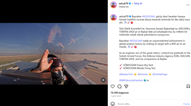 İlk radarlı havadan havaya atış hedefi tam isabet vurmuştu! KIZILELMA ile uçuş yapan Selçuk Bayraktar o anları paylaştı! ''Bu bizim gökyüzündeki hikayemiz''
