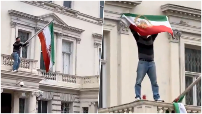 Polislerin gözünün önünde İran büyükelçiliği binasına tırmandı! Bayrağı devrim öncesi Aslan ve Güneş bayrağıyla değiştirdi