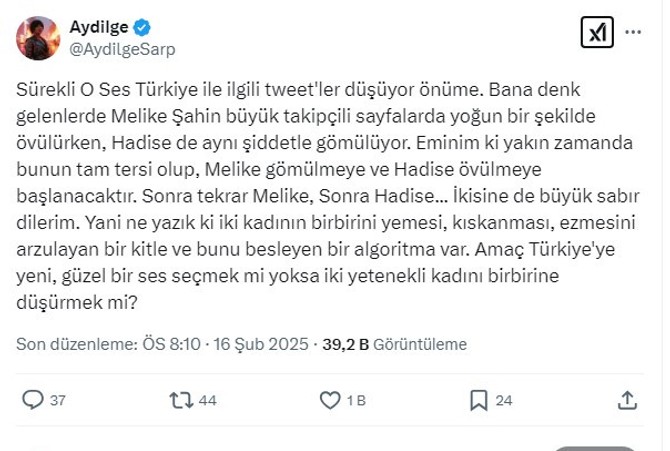 Aydilge'den O Ses Türkiye'de Hadise'nin gömülüp Melike Şahin'in övülmesine tepki! ''Ne yazık ki kadınların birbirini ezmesini arzulayan bir kitle var'' - Resim : 3