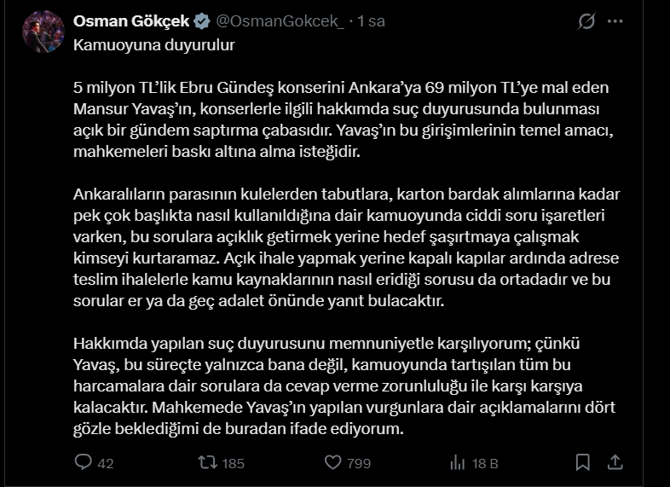 AK Parti Ankara Milletvekili Osman Gökçek'ten ABB Başkanı Mansur Yavaş'ın suç duyurusuna tepki! ''Gündem saptırma çabası, mahkemeleri baskı altına alma girişimi''