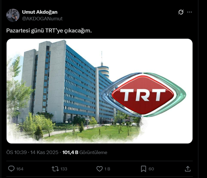 CHP Ankara Milletvekili Umut Akdoğan paylaştı: Pazartesi günü TRT'ye çıkacağım