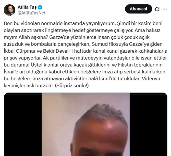 Şarkıcı Atilla Taş, Sumud Filosu'na katılan İkbal Gürpınar ve Bekir Develi ile alay etti! ''Kanal, kanal gezerek kahkahalarla pr şovları yapıyorlar!'' diyen Atilla Taş'ın videosuna tepki yağdı