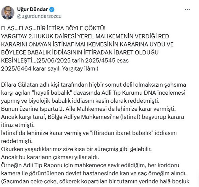 Uğur Dündar'ın babalık davası sonuçlandı! Mahkeme, Dilara Gülatan'ın babasının Uğur Dündar olmadığına karar verdi