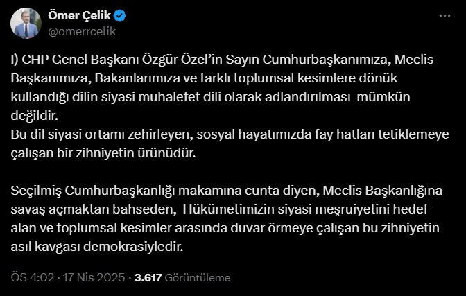 Ömer Çelik: Özgür Özel sosyal hayatta vatandaşlarımızı karşı karşıya getirmeye, kaos oluşturmaya çalışıyor