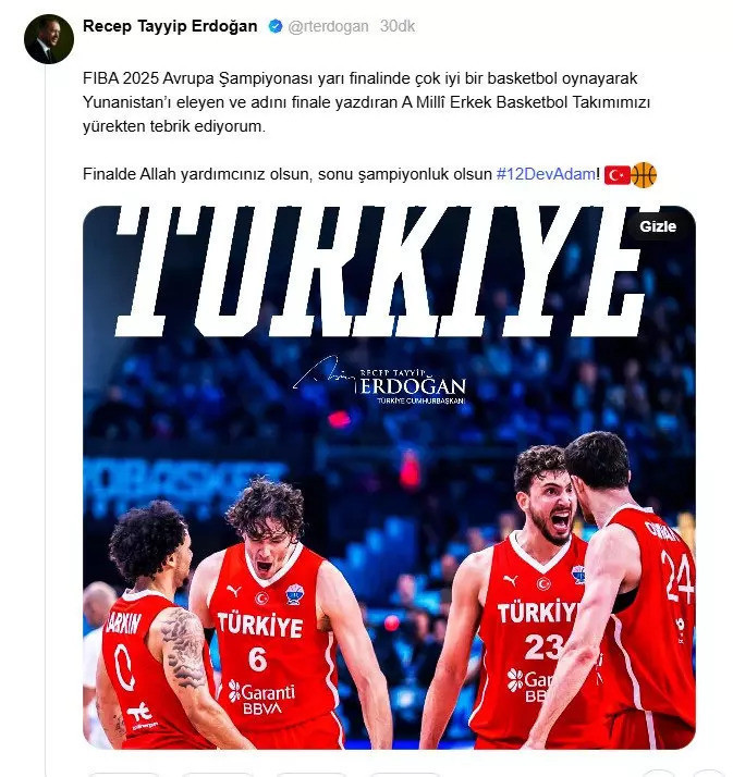 Cumhurbaşkanı Recep Tayyip Erdoğan'dan 12 Dev Adam'a tebrik: Allah yardımcınız olsun, sonu şampiyonluk olsun