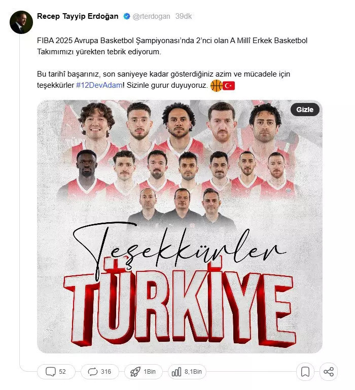 Cumhurbaşkanı Recep Tayyip Erdoğan'dan 12 Dev Adam'a teşekkür: Sizinle gurur duyuyoruz